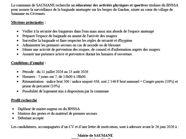Appel à candidature recrutement d&rsquo;un surveillant de baignade Saison 2026