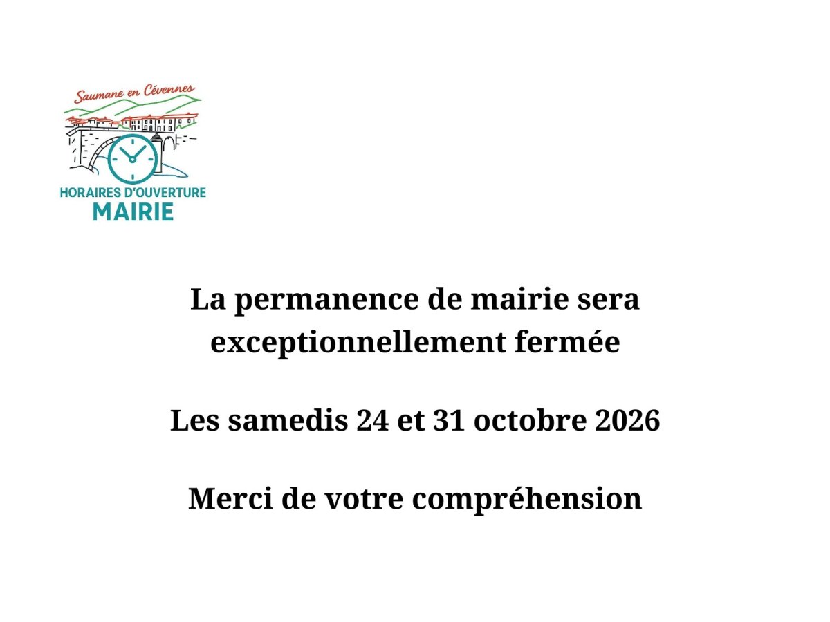 Fermeture exceptionnelle de la permanence de la mairie les samedis 24 et 31 octobre 2026